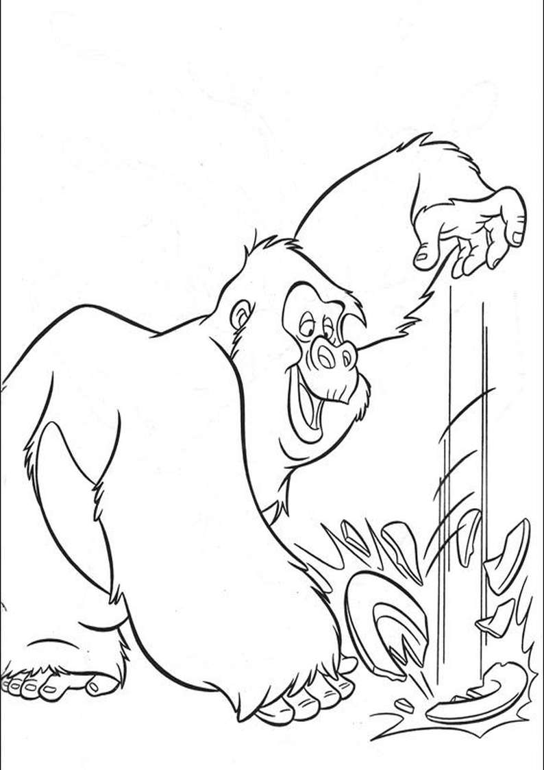 dla dzieci kolorowanki Tarzan Disney, obrazek do wydruku i pokolorowania numer 35 z wielkim i sympatycznym gorylem tłukącym naczynia